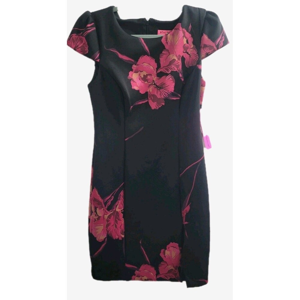 Betsey Johnson Floral Sheath Dress Pink Black Cap Sleeve Size 2 NWT